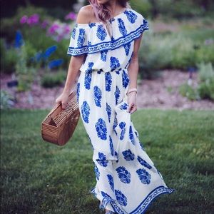 Delft blue and White maxi dress with ruffle